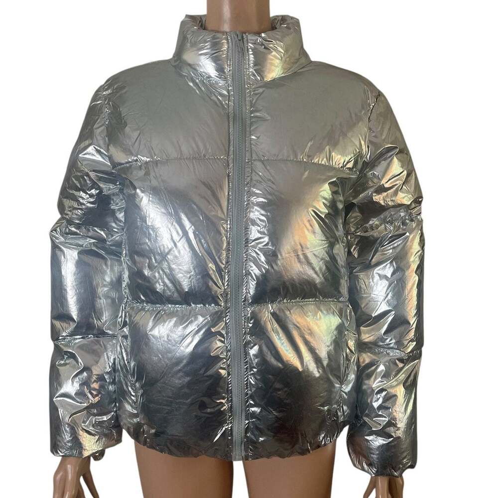 Forever 21 Women’s XS Silver Metallic Puffer Jacket Foil Quilted Short Coat
